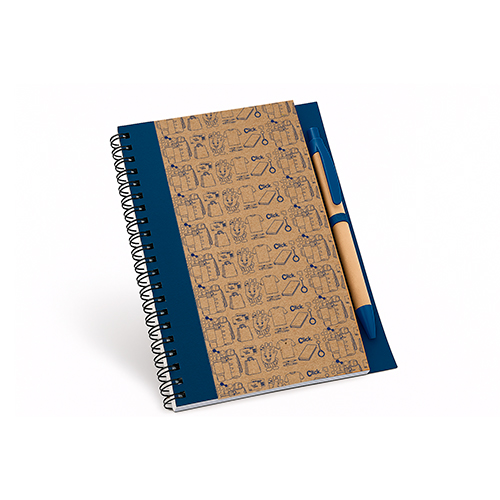 Capa em papel Kraft 500g com caneta e 70 folhas internas pautadas (tipo caderno).  Arte precisa ter 2mm de borda, não pode ser sangrado.